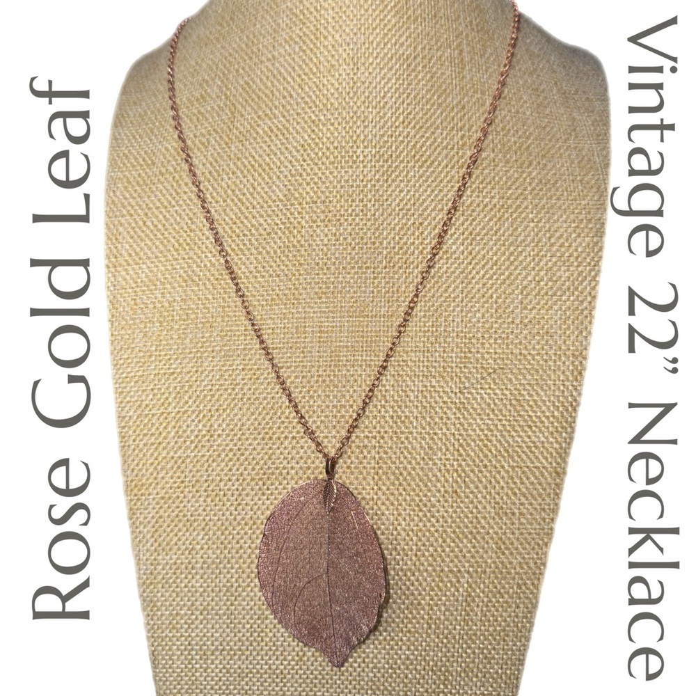Vintage Rose Gold-Dipped Leaf Pendant Necklace – 22”-25” Chain - Nature-Inspired